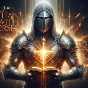 A Christian soldier kneeling in prayer, wearing spiritual armor